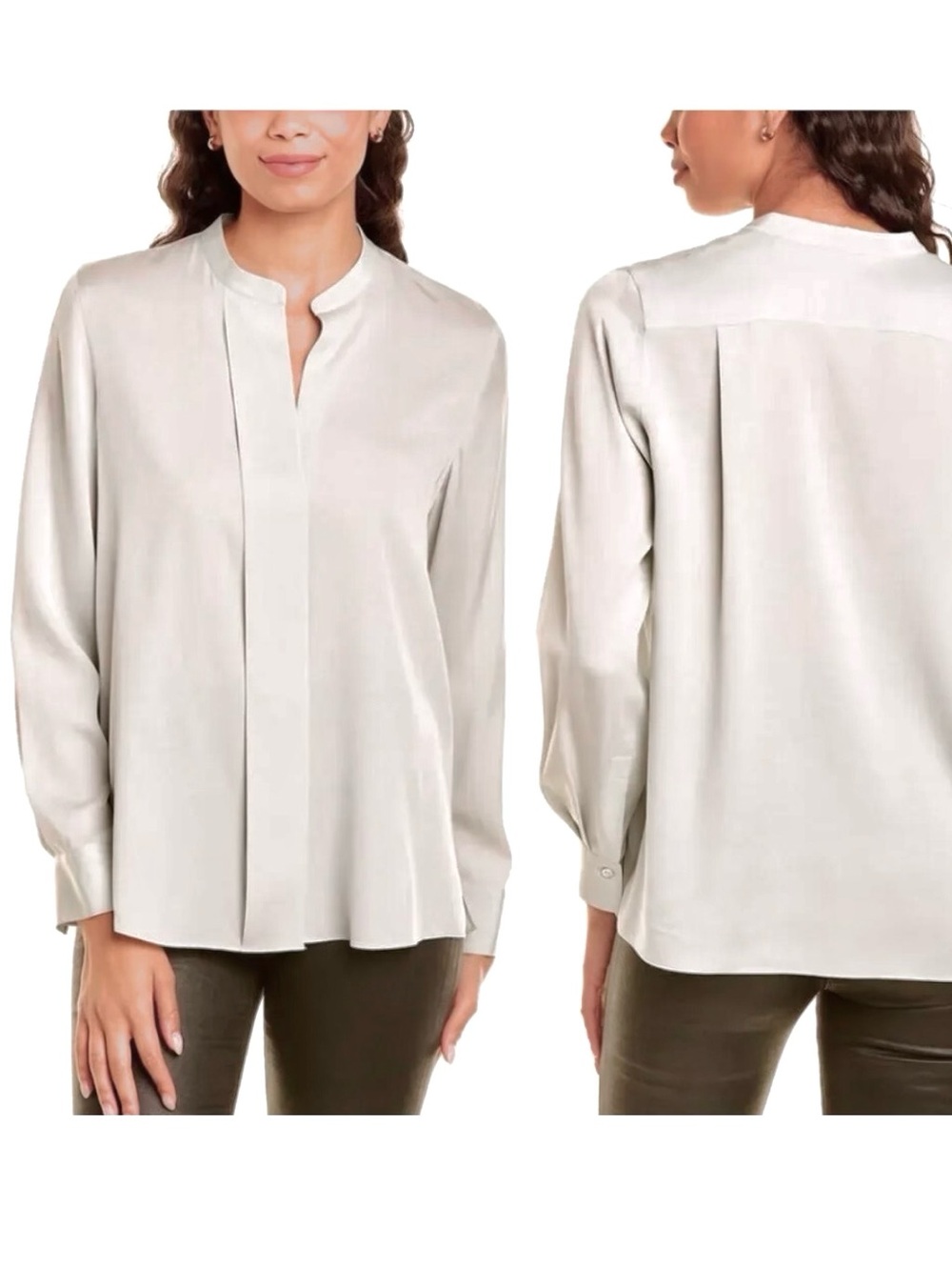 Vince Silk Satin (Stretch Washable) Mandarin Band Collar Blouse Ivory Cream, XXS